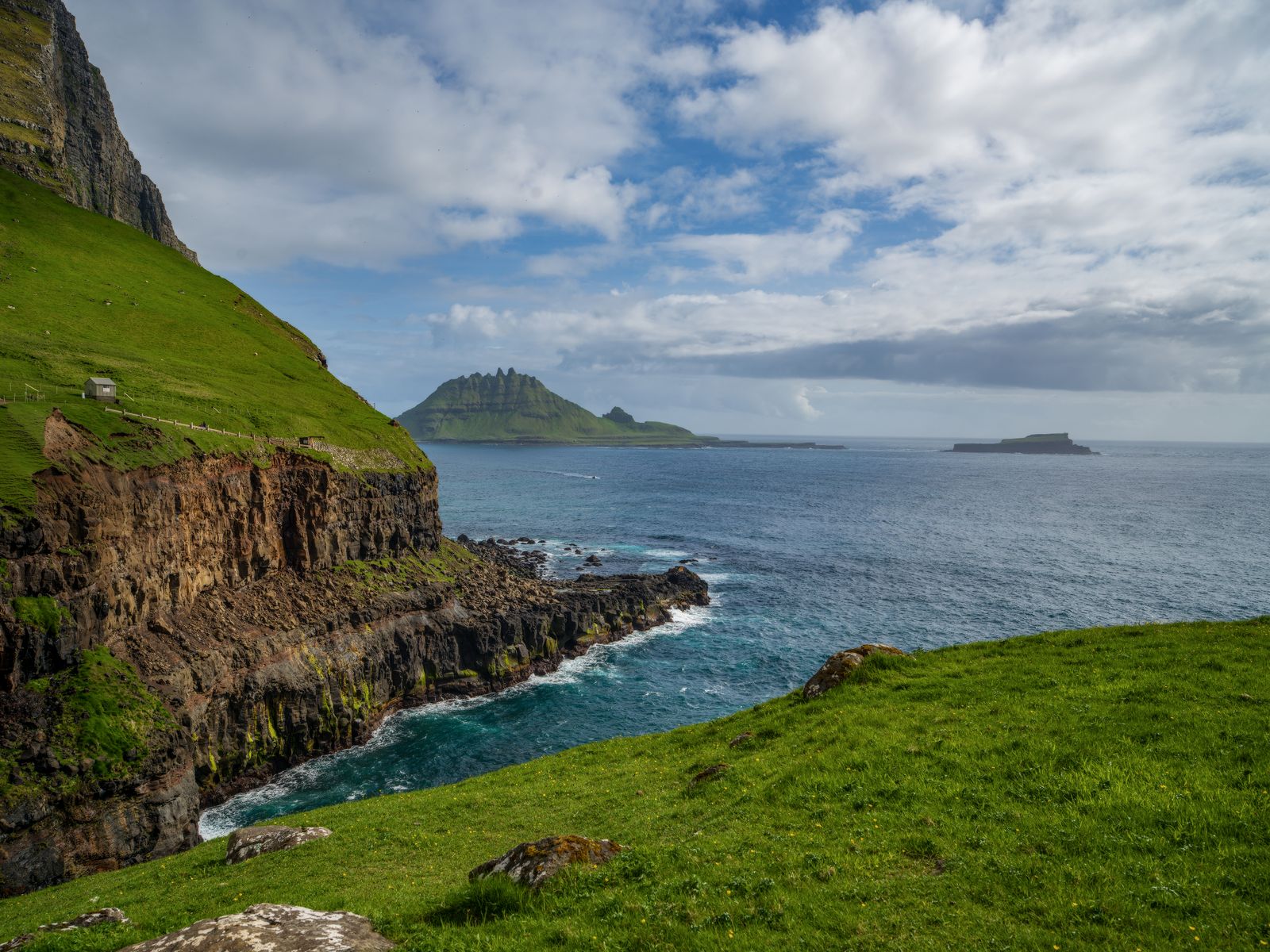 Green coastal cliffs overlooking the open ocean in the Faroe Islands